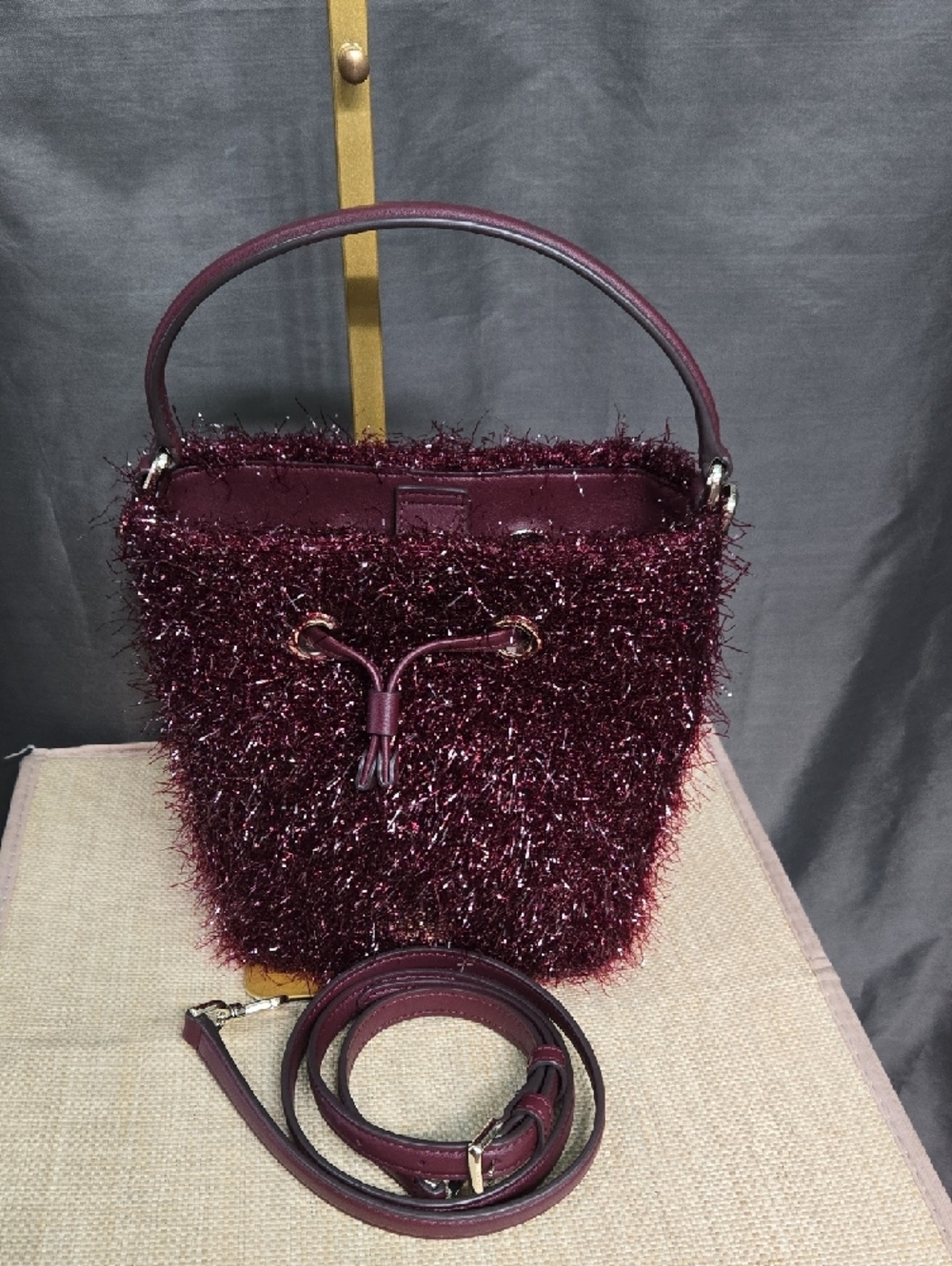 Like-new! kate spade Burgundy Metallic Tinsel Drawstring Bucket Bag - Picture 6 of 8